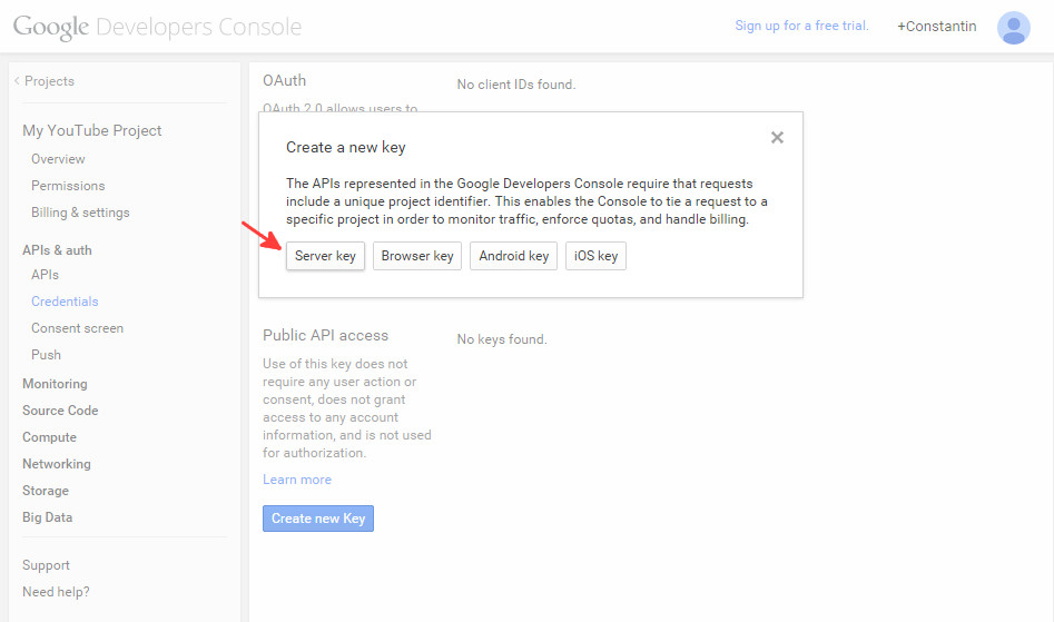Google console API  credentials - step 2
