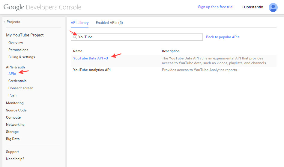 Google console enable Youtube API - step 1