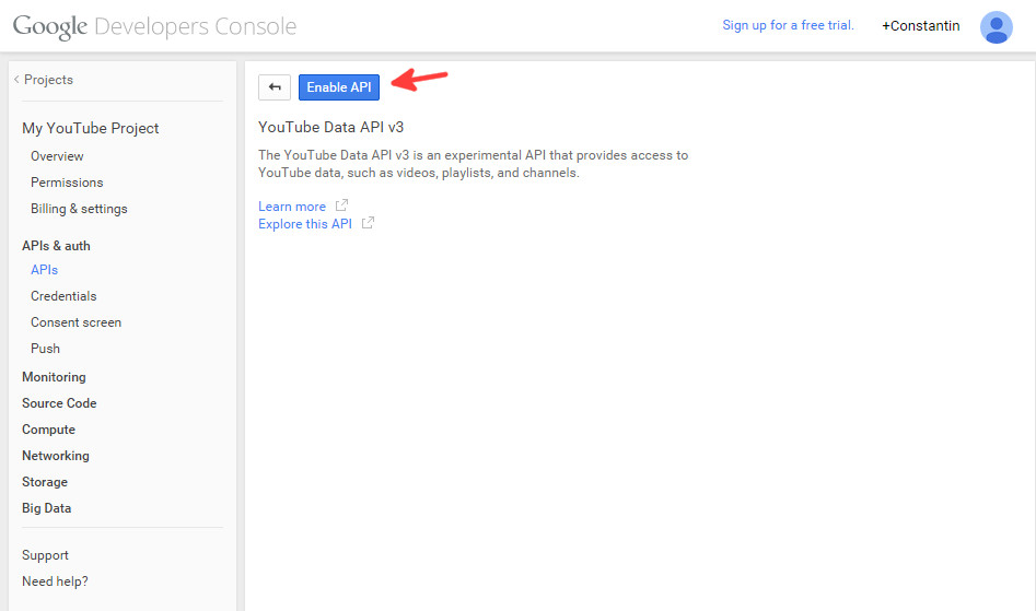 Google console enable Youtube API - step 2