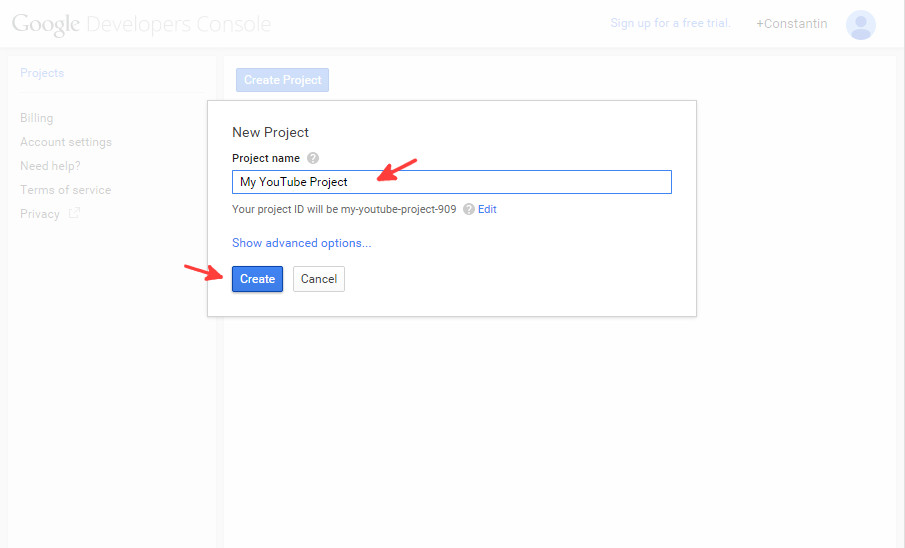 Google console new project - step 2