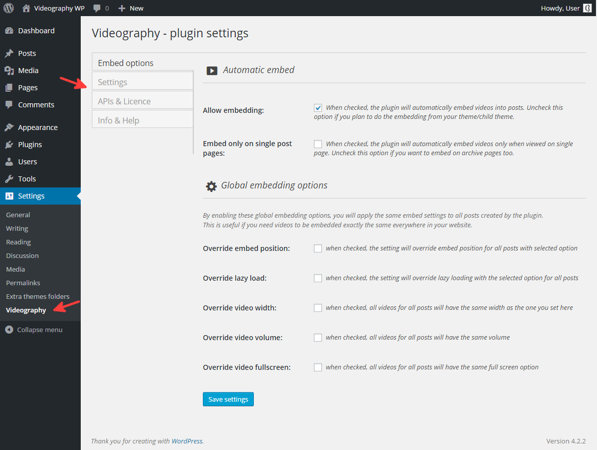 VideographyWP - settings page