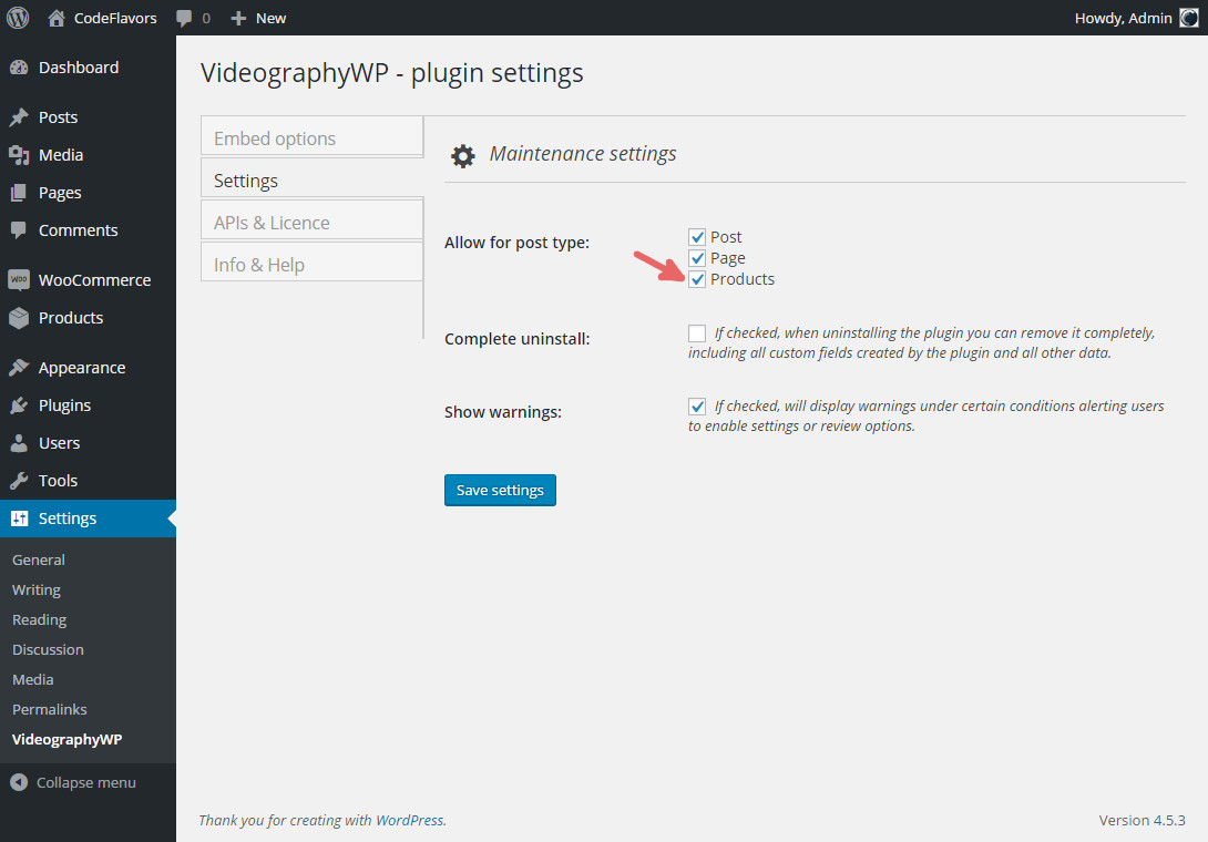 VideographyWP enable WooCommerce post type