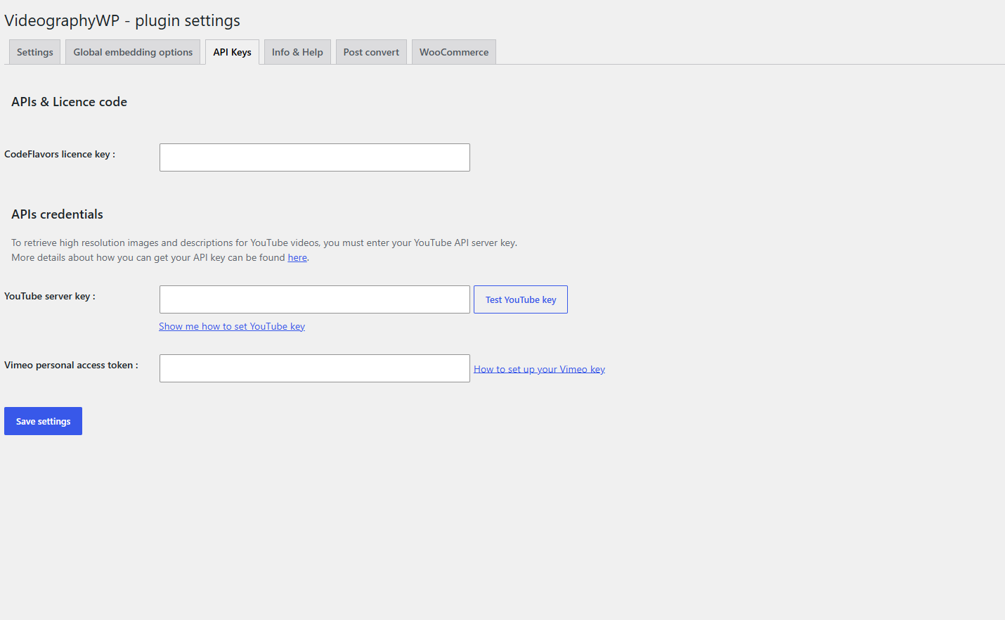 The Vimeo personal access token field on the VideographyWP API Keys tab