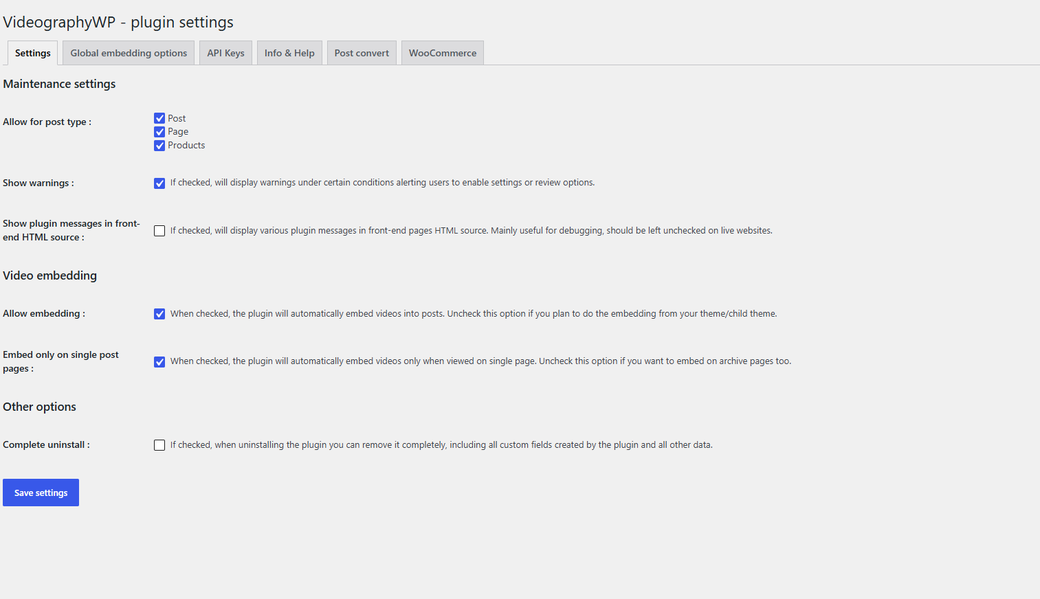 VideographyWP Settings tab: allowed post types, warnings, and video embedding options