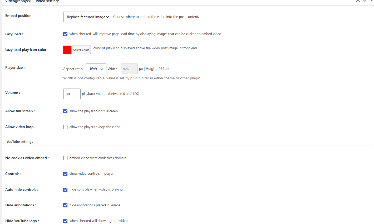 The VideographyWP featured-video settings panel inside the WordPress post editor