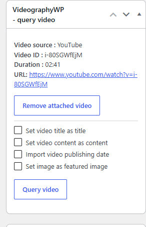 VideographyWP Query video panel importing a YouTube video by URL with options to set title, content, publish date and featured image