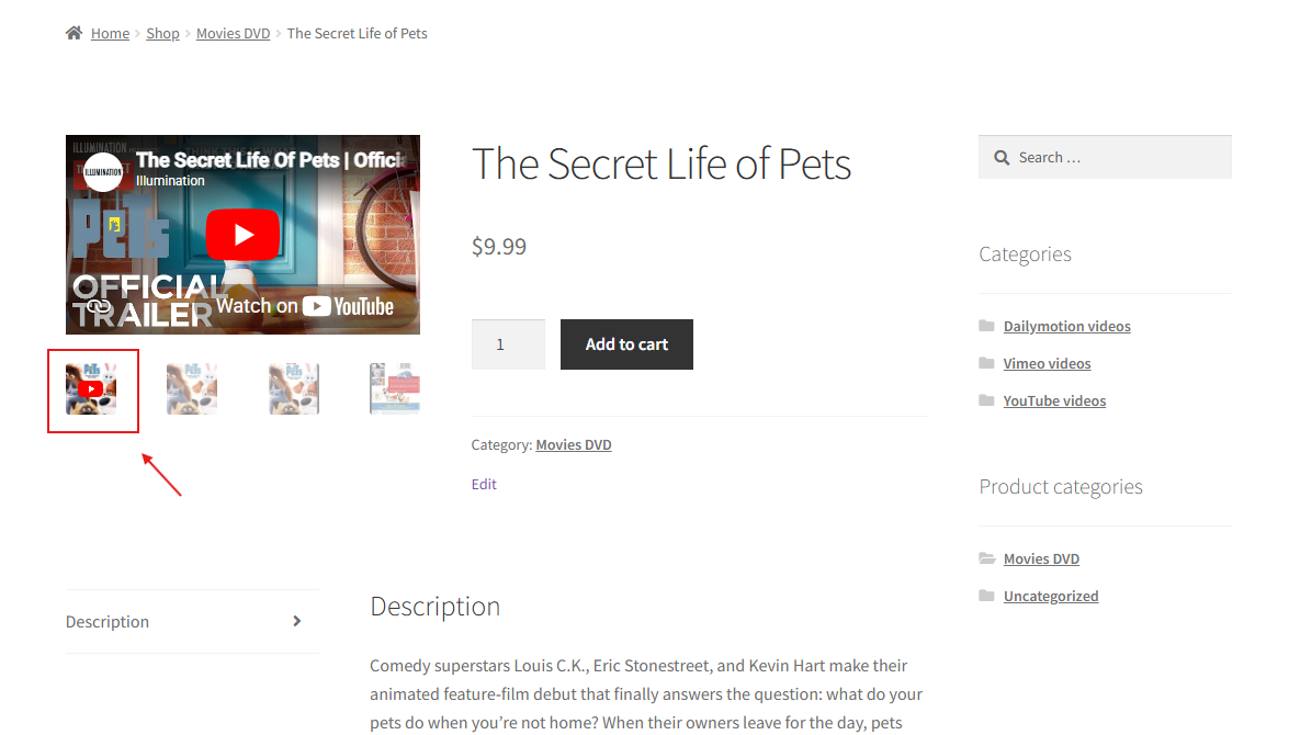 A YouTube video playing inside a WooCommerce product image gallery