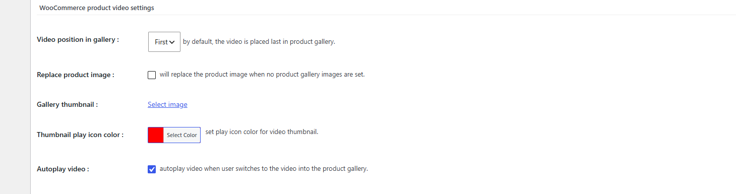 WooCommerce product video settings used on a variable product
