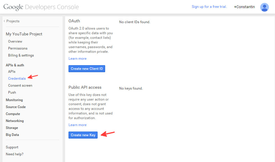 Google console API  credentials - step 1