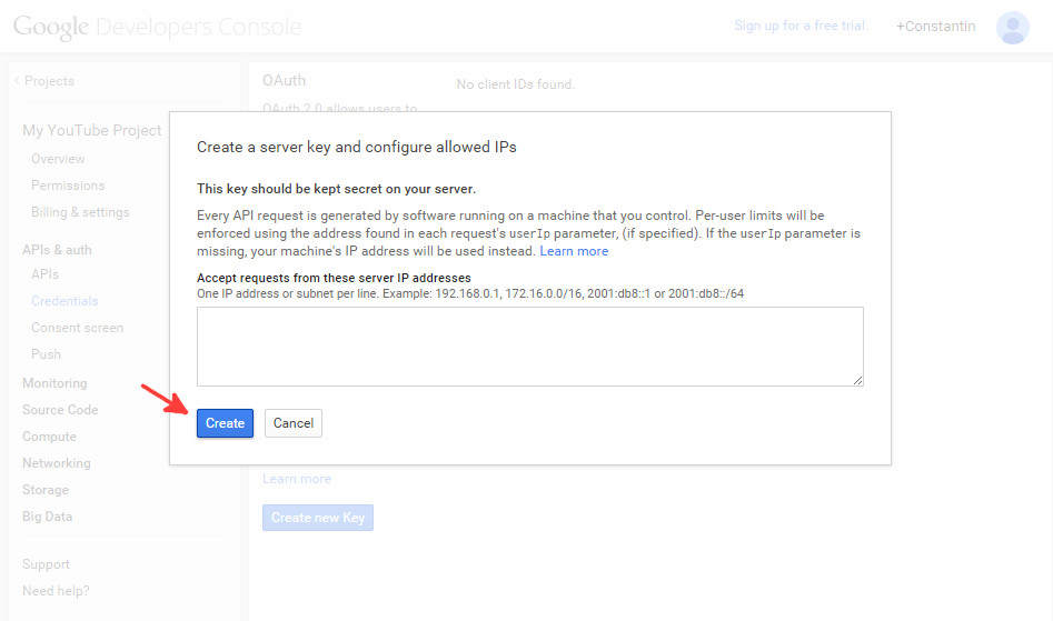 Google console API  credentials - step 3