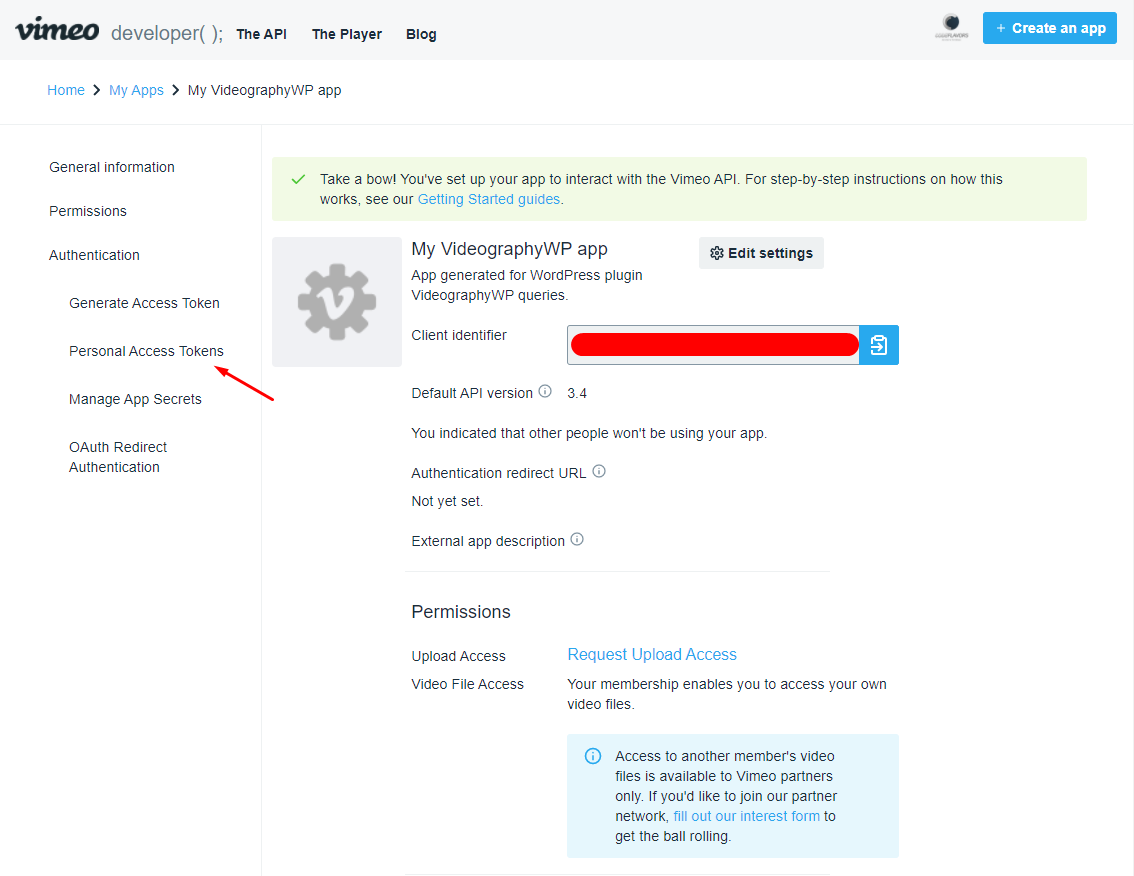 Step 3 - generate the Personal Access Token in your Vimeo App