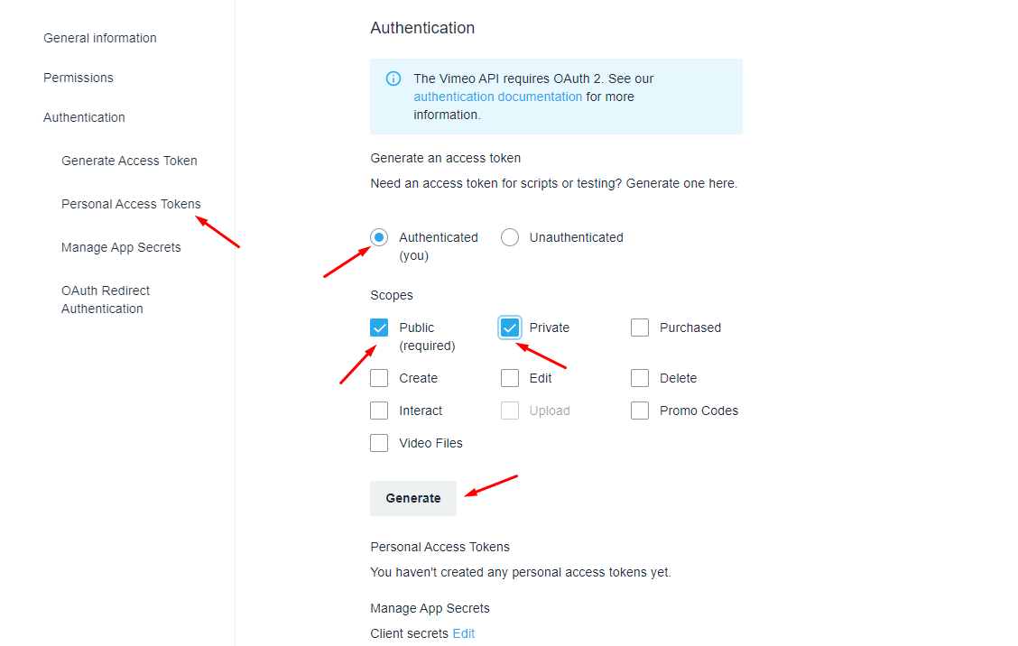 Step 4 - set up the options for your Personal Access Token to Vimeo Api