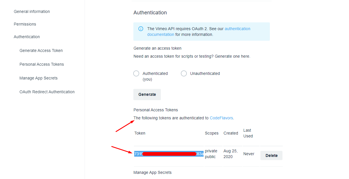 Step 5 - copy the authenticated token for Vimeo API