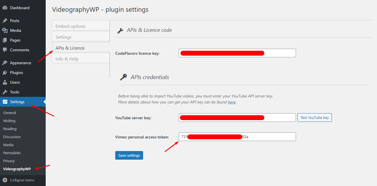 Step 6 - paste the token in VideographyWP Vimeo token field