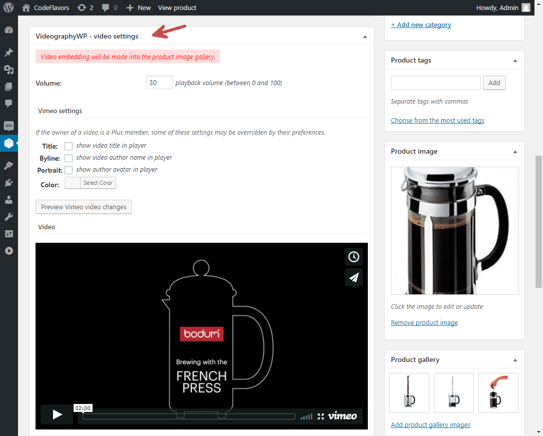 VideographyWP WooCommerce featured video options