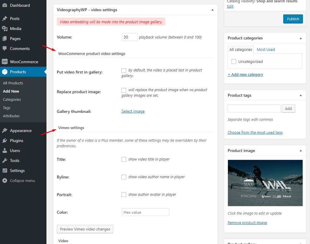 VideographyWP WooCommerce video embed post options